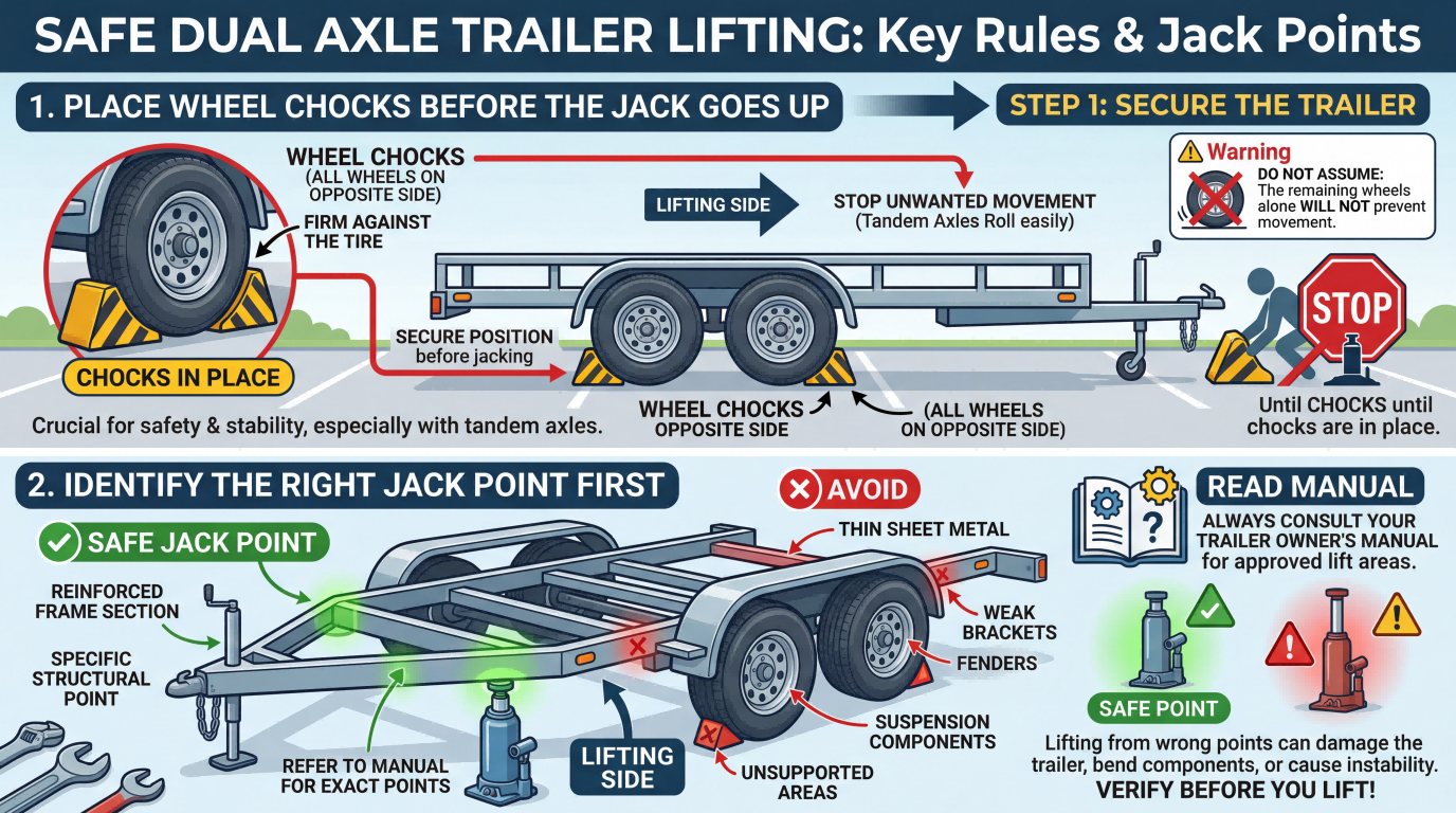 Safe dual axle trailer jack points infographic showing wheel chock placement, approved lift areas, and unsafe lifting points